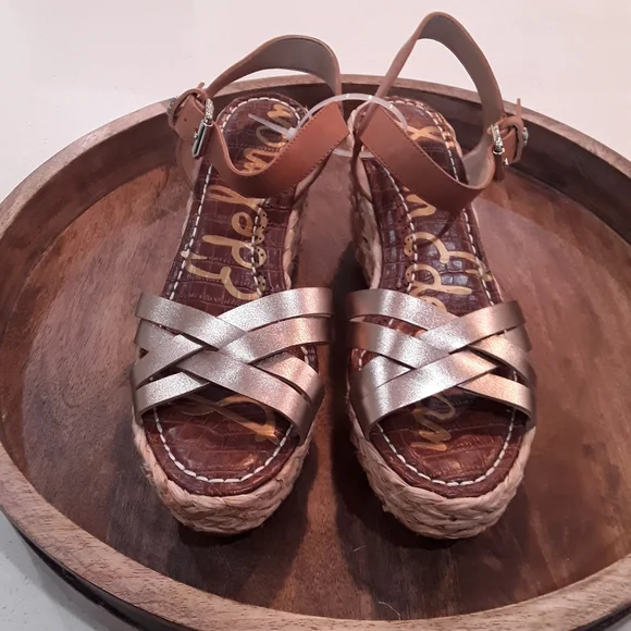 Sam Edelman Darline Strappy Gold Espadrille Wedges - Picture 2 of 6